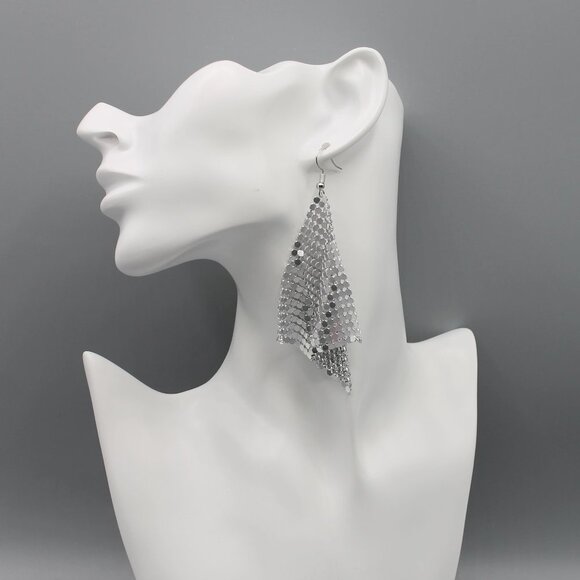 Jewelry earrings mesh statement party occasional drop dangle large silver tone - Picture 8 of 11